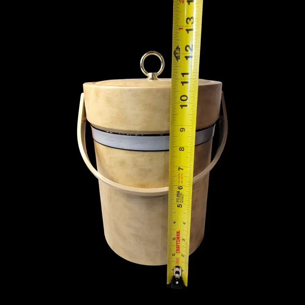 Vintage Tan Ice Bucket w/ Lid Swing Handle Fixed Liner Faux Leather Barware